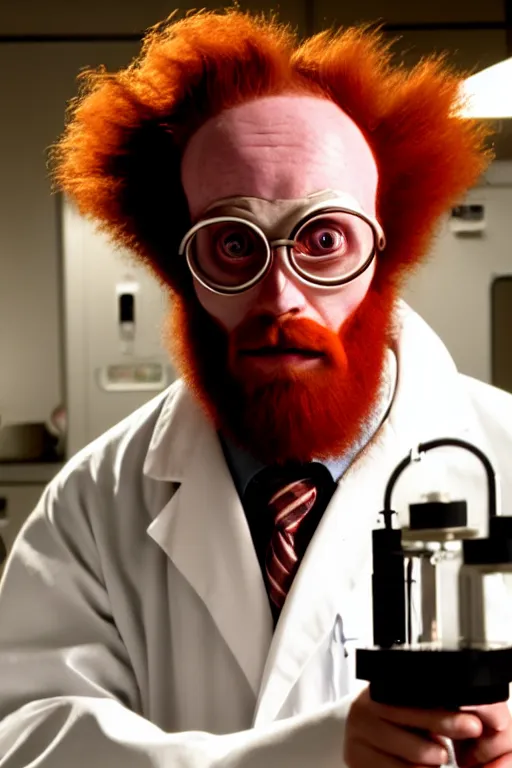 Prompt: an awkwardly tall scientist with 3 eyes and a tangled beard and unruly red hair atop his balding head wearing a labcoat and holding a beaker, high resolution film still, movie by Ivan Reitman