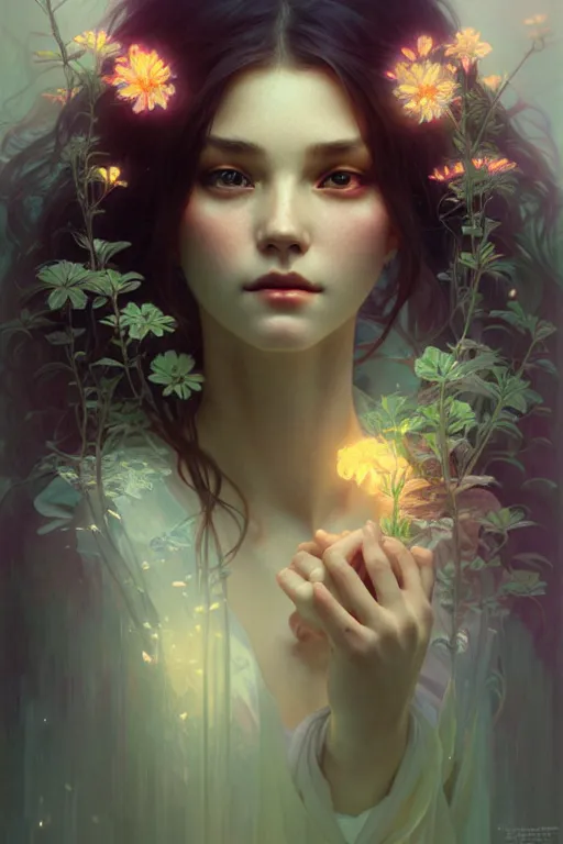 Image similar to beautiful aerite, portrait in the center of the face, home care, gentle, thoughtful, fog, snow, volumetric lighting, soft light particles floating next to her, illustration, perfectly shaded, often painted, works by krenz kushart and wenjun lin, alphonse mucha