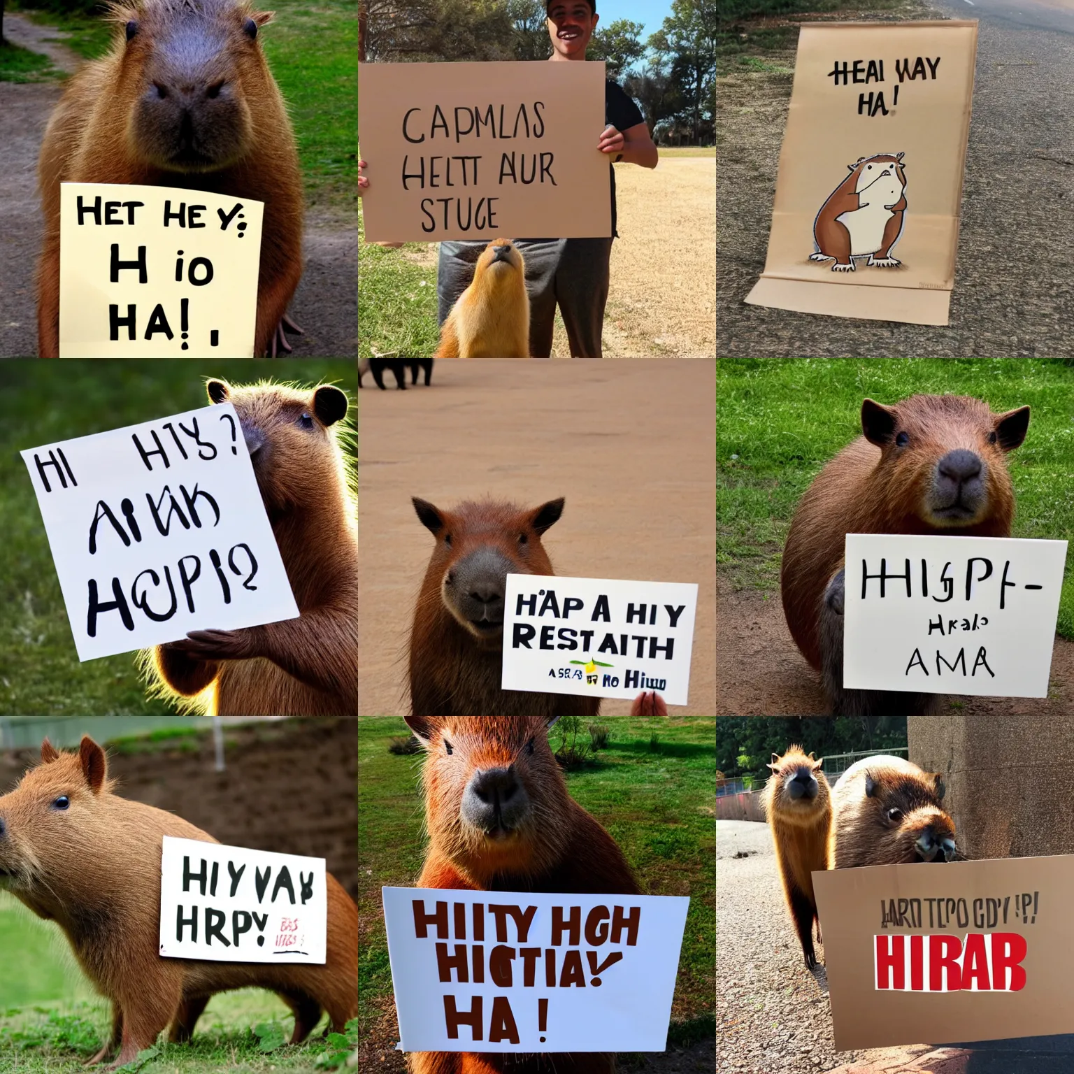 Prompt: realistic high quality photo of a capybara holding a sign with text that reads : hi