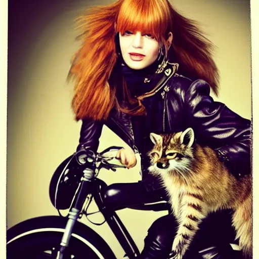 Image similar to a high - fashion photo of a slender beautiful woman with straight ginger hair and bangs, wearing purple leathers and gold helmet, posing with large ginger tabby and raccoon on a motorcycle in front yard, holding toasted brioche bun, dramatic lighting, 8 5 mm lens