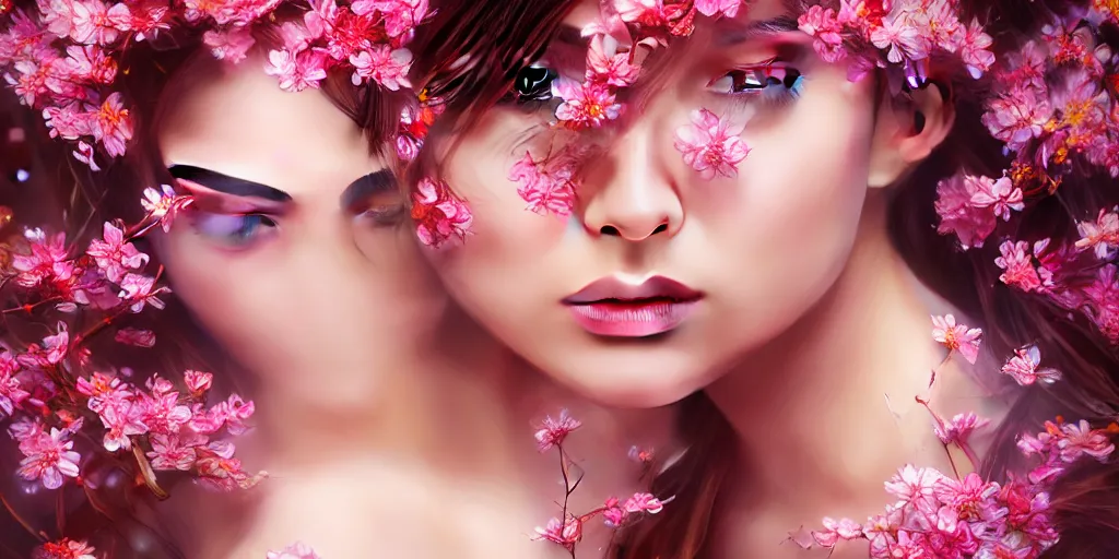 Image similar to photo of a gorgeous elfin female with fluid flowers covering her in the style of stefan kostic, realistic, half body shot, sharp focus, 8 k high definition, insanely detailed, intricate, elegant, art by stanley lau and artgerm, extreme blur cherry blossoms background