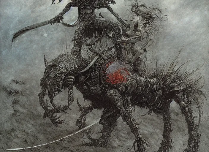 Image similar to girl knight fighting monsters by Beksinski and Luis Royo