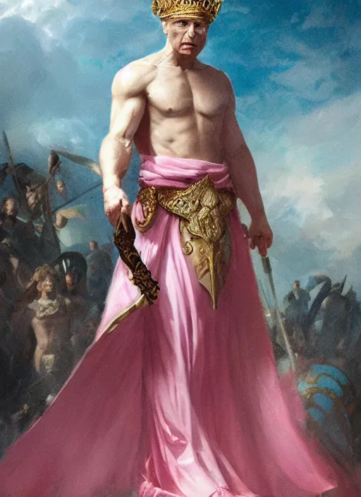 Image similar to vladimir putin as a magnificent beautiful greek god in a crown and pink balerrina skirt by greg rutkowski