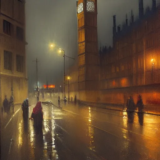 Prompt: a rainy night in London by Joseph Zbukvic