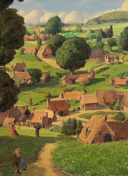 Prompt: painting of a village in the countryside, a storybook illustration by john wonnacott, behance contest winner, synthetism, matte drawing, detailed painting, storybook illustration