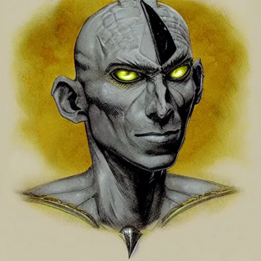 Prompt: ( ( ( head and shoulders portrait of a gaunt noseless yellow - skinned bald githyanki warrior in a breastplate, wielding a magical silver greatsword ) ) ), dave mckean, d & d, fantasy, medieval
