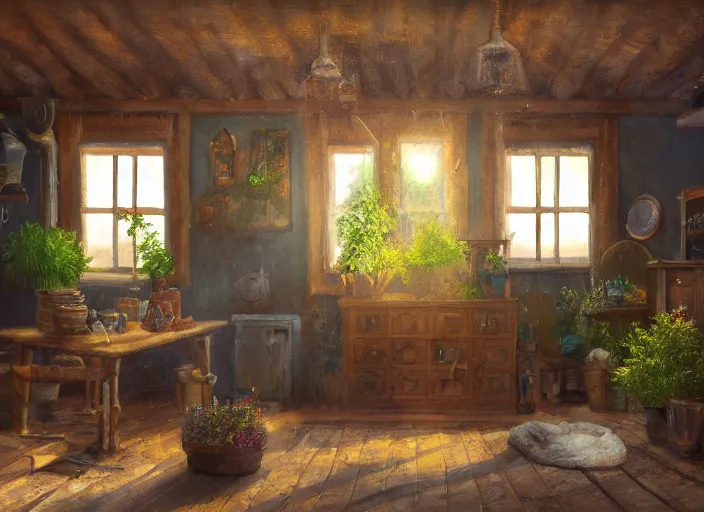 Image similar to rustic oil painting, interior view of a cluttered herbalist cottage, waxy candles, wood furnishings, herbs hanging, light bloom, dust, ambient occlusion, rays of light coming through windows, oil painting