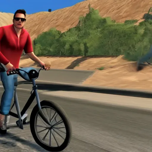 Prompt: elon musk riding a bike in gta san andreas