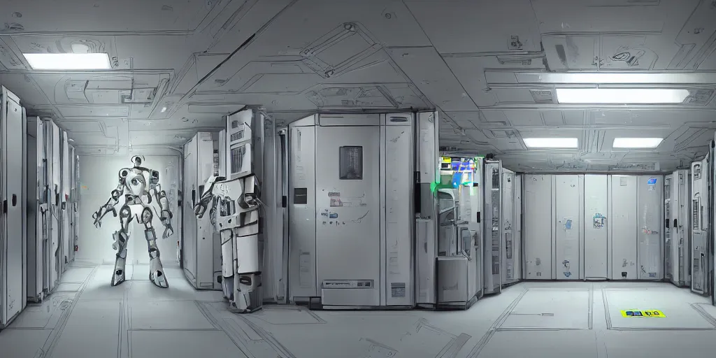 Image similar to parallax datacenter server room white rusty android robocowboy in artstation