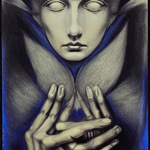 Image similar to Goldfrapp, pencil drawing. El Greco, Remedios Varo, Salvador Dali, Carl Gustav Carus, John Atkinson Grimshaw. Blue tint. Symetrical, logo, geometric shapes.