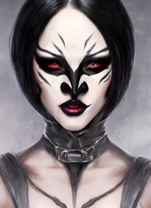 Prompt: demon lady in black leather mask, portrait, beautiful eyes, nose and lips, art by artgerm and greg rutkowski and magali villeneuve, highly detailed, digital painting, trending on artstation, concept art, sharp focus, illustration