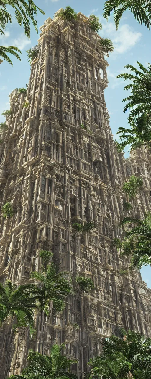 Prompt: epic eye level view of a contemporary tower, golden intricate details, stone facade, sacred architecture, hanging gardens, cascading highrise, arid mountains with lush palm forest, photorealistic, sunlight, 8 k, post - production, octane, cgi, sfx