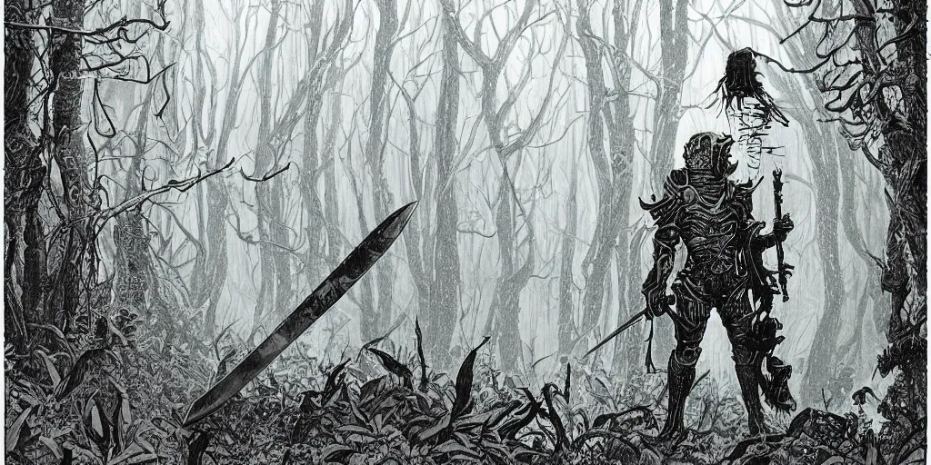 Prompt: retro horror vintage pulp sci - fi macabre botanical paladin holding a huge sword, lot of layers armour, in the dense forest, thrilling atmosphere, risograph matte painting, fog, highly detailed, deviantart, intricate detailed, by moebius, jack gaughan, lehr paul