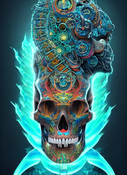 Image similar to 3 d shaman with tattoos profile portrait, sigma 5 0 0 mm f / 5. beautiful intricate highly detailed quetzalcoatl skull. bioluminescent, plasma, lava, ice, water, wind, creature, thunderstorm! artwork by tooth wu and wlop and beeple and greg rutkowski, 8 k trending on artstation