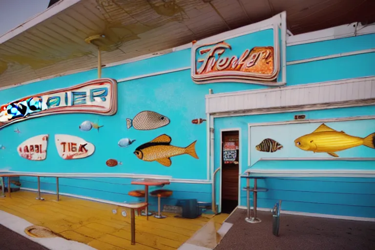 Prompt: 2 0 1 5 fish themed underwater american diner, googie architecture, two point perspective, americana, fishcore, restaurant exterior photography, 8 5 mm, taken by alex webb