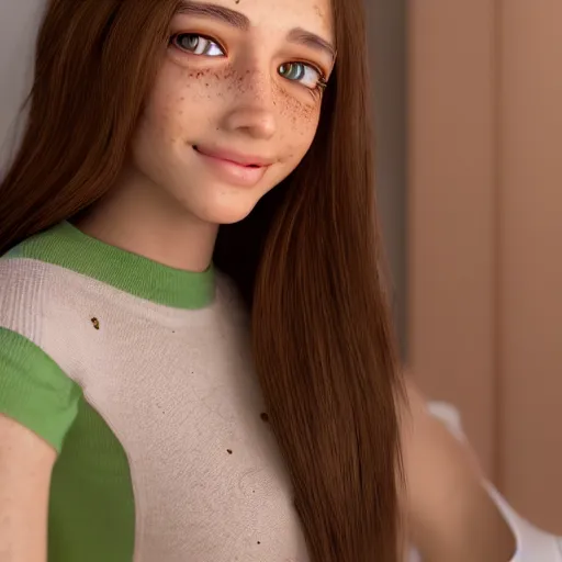 Prompt: Render of April, a cute 3D young woman, long shiny bronze brown hair, full round face, green eyes, light tan skin cute freckles, light blush, smiling softly, wearing casual clothing, interior lighting, cozy living room background, medium shot, mid-shot, hyperdetailed, hyperreal, trending on Artstation, Unreal Engine 4k