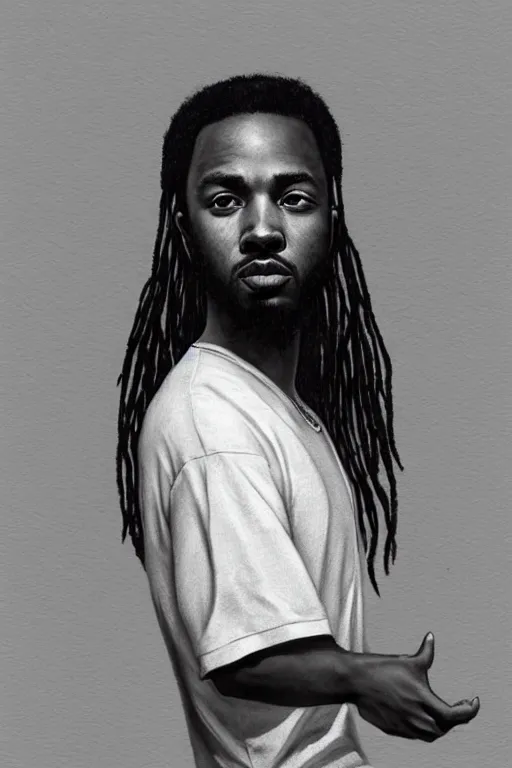 Prompt: ultra realistic kendrick lamar drawing, background is white and blank, elegant, highly detailed, digital painting, concept art, smooth, sharp focus, illustration, art by greg rutkowski and alphonse mucha