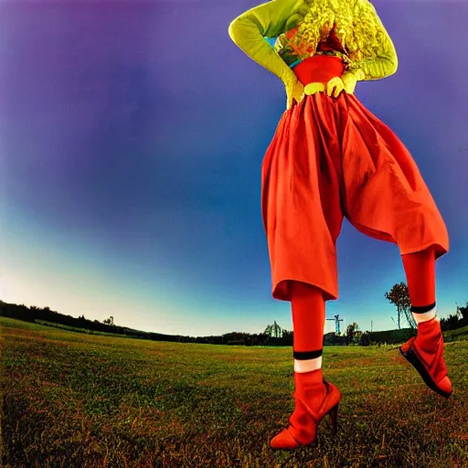 Prompt: female clown photo, wide angle lens, full body, photo by David LaChapelle