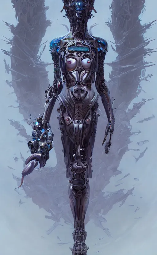 Image similar to Full lengh of a cyborg gothic goddess by Wayne Barlowe and Peter Mohrbacher, detailed, sharp, digital art, trending on Artstation