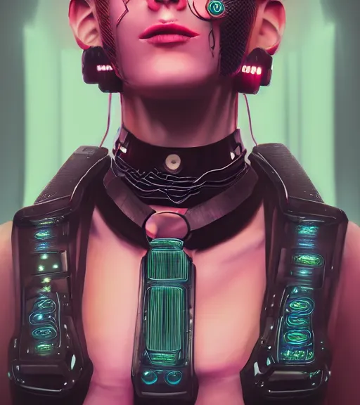 Image similar to detailed realistic female character cyberpunk wearing thick technological collar around neck, realistic, art, beautiful, 4K, collar, choker, collar around neck, punk, artstation, detailed, female, woman, choker, cyberpunk, neon, punk, collar, choker, collar around neck, cyberpunk, punk, neon