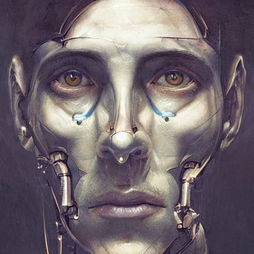 Image similar to surreal portrait of a man by Greg Rutkowski, symmetrical face, he is about 30 years old, short black hair with bangs, his features are a mix between French, Turkish and Russian, transformed into a kind of biomechanical transhuman god, uncany but fascinating, expression of epiphany and determination, cosmic void background, frightening, fascinating, highly detailed portrait, digital painting, book cover, artstation, concept art, smooth, sharp foccus ilustration, Artstation HQ