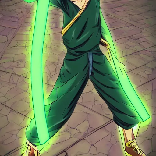 Image similar to A man with a green aura In the style of Togashi