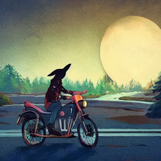 Prompt: bunny wearing a leather jacket riding a motorbike during sakura season on a blood moon by simon stalenhag, rule of thirds, dynamic pose, action pose, beautiful landscape