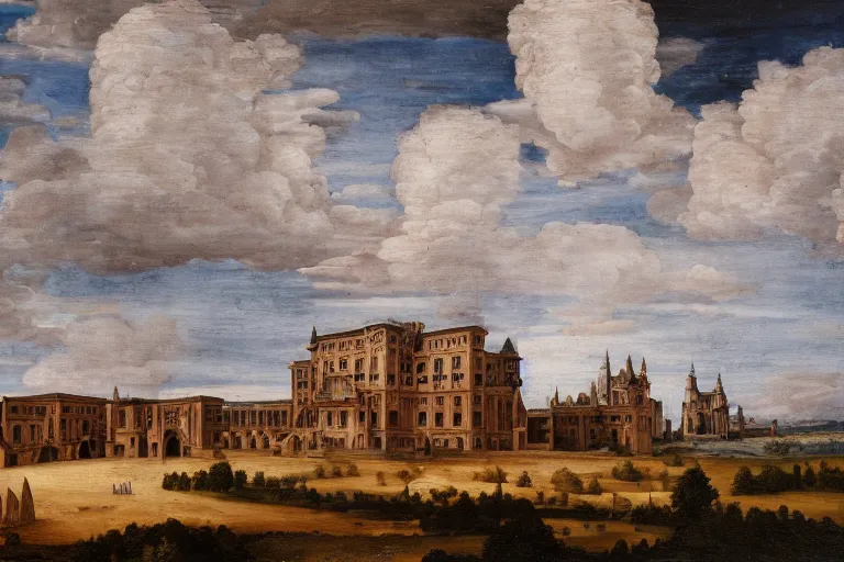 Image similar to an oil painting of a renaissance palace, clouds in the sky