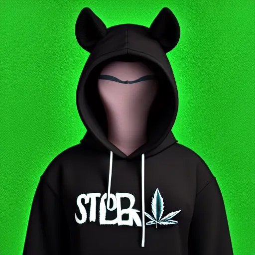 Image similar to a stoner with a black hoodie on with a marijuana themed dark green pony head from my little pony, 3 d, blender 3 d, render, extremely detailed, 8 k