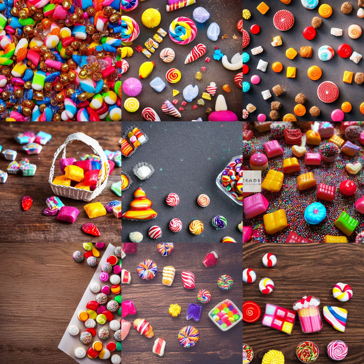 Prompt: professional studio photo of small village made sweets and candys, ultra High resolution, bokeh effect, light studio photo