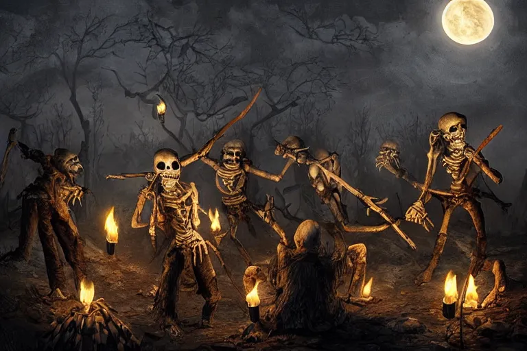 Prompt: villagers with torches fight with skeletons and the dead, screaming faces, dark night, moon, highly detailed digital art, photorealistic