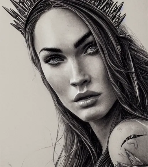 Image similar to portrait of megan fox as beautiful aphrodite goddess as an archer, arrow crown, beautiful piercing eyes, flowing blonde hair, realistic face, black and white drawing, in the style of greg rutkowski, fantasy, amazing detail, epic, intricate, elegant, smooth, sharp focus