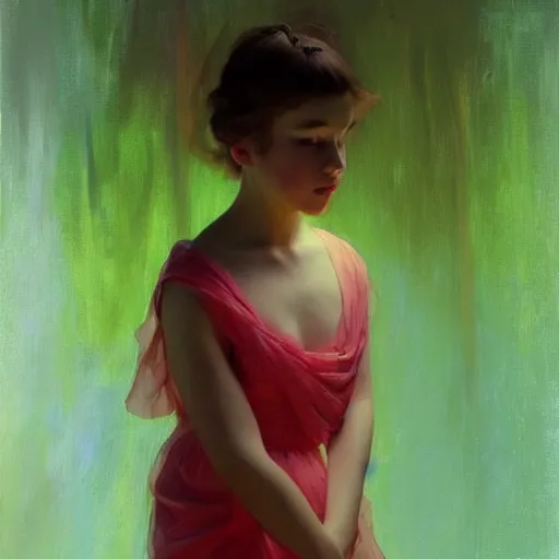 Image similar to yanjun cheng portrait of a beautiful princes, neon dress, by norman rockwell, bouguereau