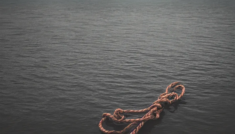 Image similar to rope floating to surface of water in the middle of the lake, overcast lake, 2 4 mm leica anamorphic lens, moody scene, stunning composition, hyper detailed, color kodak film stock