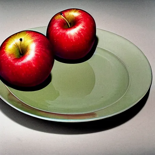 Image similar to a wide angle side view realistic photo of only 3 apples on a colorful plate, award winning, food photography, by ansel adams