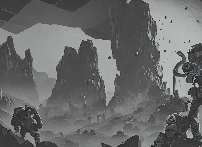 Prompt: deep rock galactic as an etching!!!!, video game, cavern, monochrome
