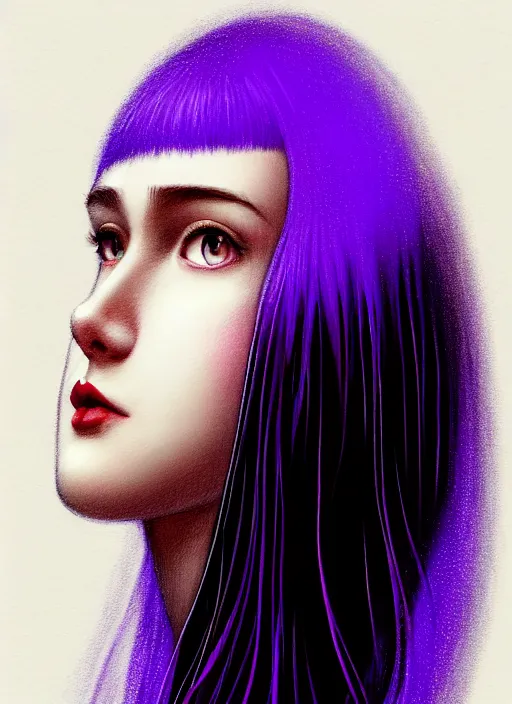 Prompt: portrait of teenage girl with white bangs, red irises, black hair, purple clothes, white bangs, bangs are different color from hair, intricate, front of hair is white rest is black, elegant, glowing lights, highly detailed, digital painting, artstation, concept art, smooth, sharp focus, illustration, art by wlop, mars ravelo and greg rutkowski
