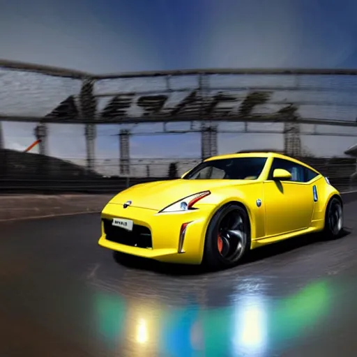 Image similar to a nissan 3 6 0 z in acceleracers hotwheels, glowing blue wheels, professional photography, wide - angle