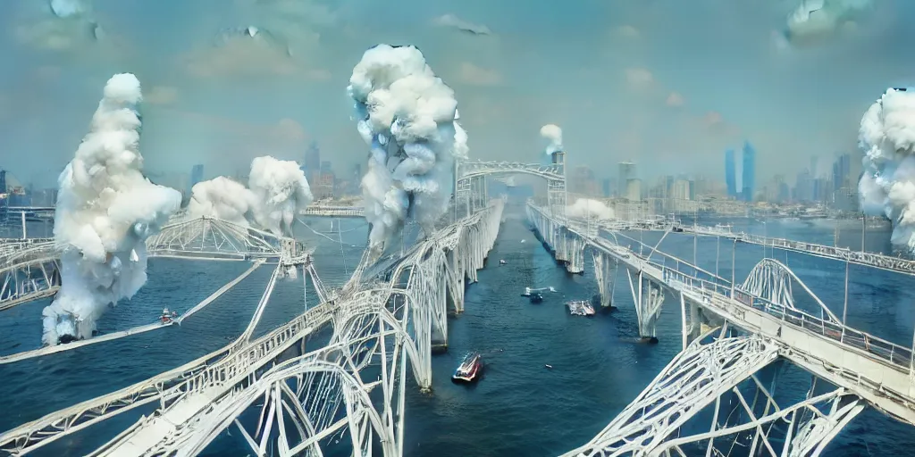 Prompt: explosions in the form of realistic white cotton plants on harbour bridge, huge white cotton everywhere on the destroyed harbour bridge, smooth, sharp focus, highly detailed, 3 d octane render, epic lighting, lots of white cotton, 8 k, by greg rutkowski