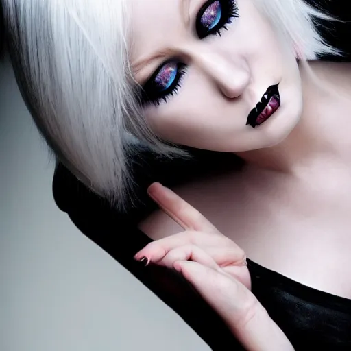 Prompt: Young woman, white hair, emo makeup, wearing dress, hyper realism, high detailed, 4k,