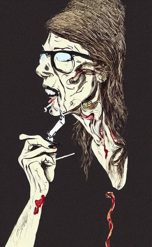 Image similar to woman smoking a cigarette artwork in the style of ralph steadman, 8 k, hyperrealistic, hyperdetailed