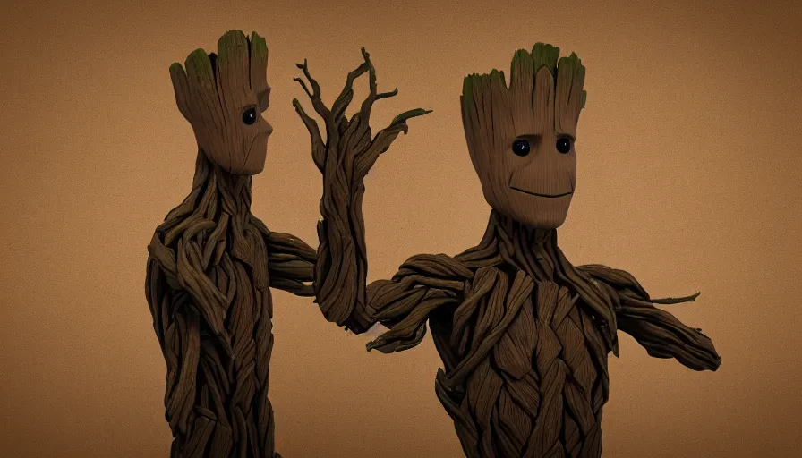 Image similar to realistic groot made of cardboard!! Cinematic, 8k, render, film still