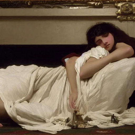 Prompt: a teenage girl lying on the floor, wearing a nightgown, by Frederic Leighton