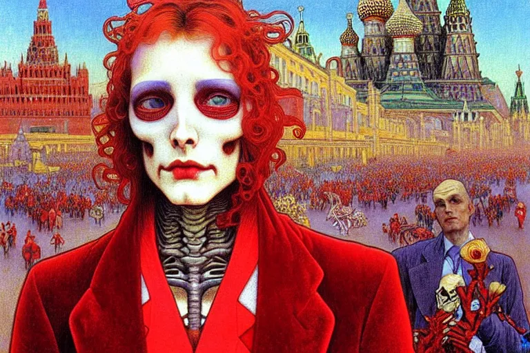 Image similar to realistic detailed closeup portrait painting of a single skeleton wearing red velvet blazer in a crowded futuristic moscow street by Jean Delville, Amano, Yves Tanguy, Alphonse Mucha, Ernst Haeckel, Edward Robert Hughes, Roger Dean, rich moody colours, blue eyes