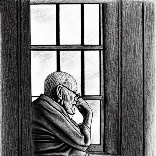 Image similar to pencil drawing of an old man in a nursing home looking out the window and remembering his youth, artistic illustration, stylized, detailed