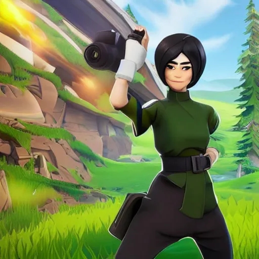 Prompt: toph beifong in fortnite, eyes closed, character render, full body shot, highly detailed, in game render