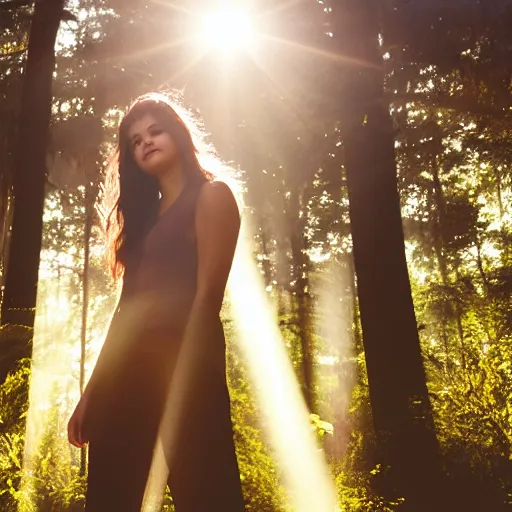 Prompt: A portrait of Selena Gomez smiling standing in a forest, natural lighting, sunbeams, golden hour, misty atmospherics