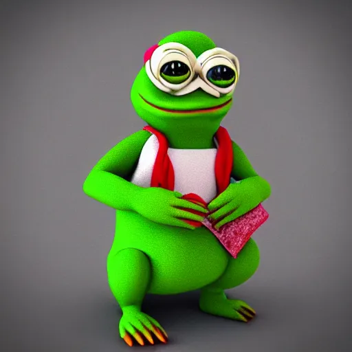 Image similar to a 3 d render of a pepe dressed in hippie clothes