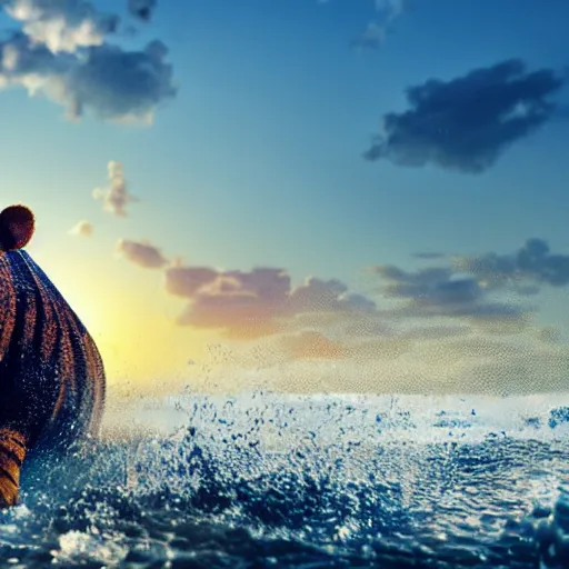 Image similar to a closeup photorealistic photograph of a cute smiling knitted tiger hippopotamus chasing a beachball at sunset. surf in the background. professional capture. this 4 k hd image is trending on artstation, featured on behance, well - rendered, extra crisp, features intricate detail, epic composition and the style of unreal engine.