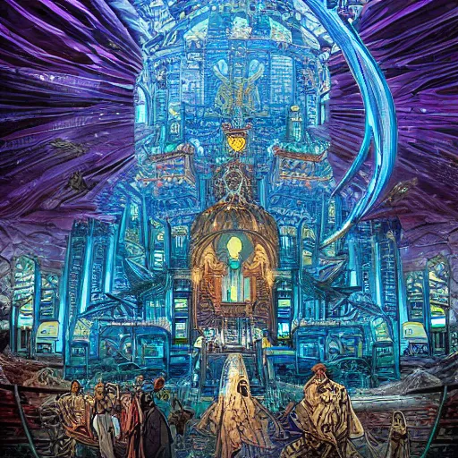 Prompt: an AI temple of Winter, style blend of Burning Man, Neo-Andean architecture, cyberpunk, and The Vatican, depicted in a mixed style of Möbius, Masamune Shirow, Rafael, neoclassical paintings, and Shepard Fairey, Extremely fine ink lineart